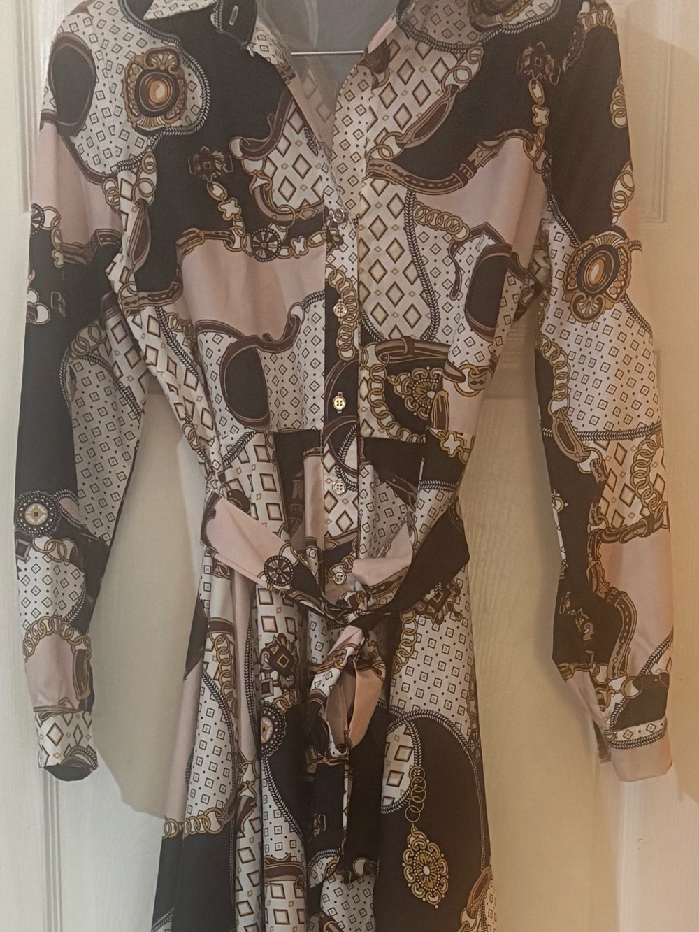 CBR Pink, Black and Gold Chain-Print Button-Down Shirt Dress